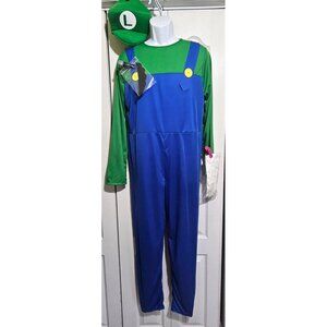 Luigi Costume Adult Super Mario Jumpsuit Hat Mustache Gloves Green Plumber M/L